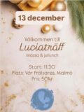 13 december Välkommen till Luciaträff Mässa och jullunch Start: 11:30 Plats: Vår Frälsares, Malmö Pris: 50 kr